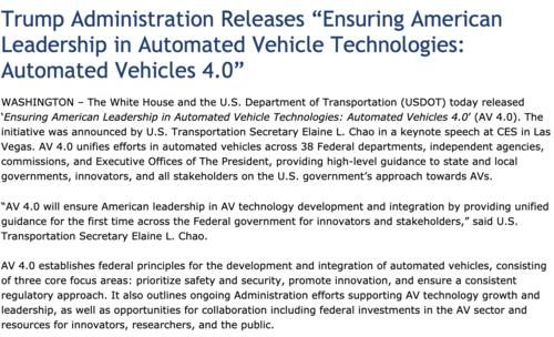 美国公布自动驾驶政策 4.0，三大方向力保领先地位