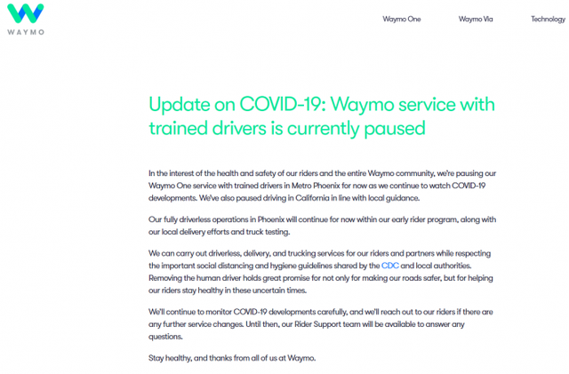 Waymo暂停Waymo One服务 但其真正的无人驾驶车辆除外